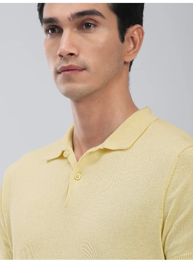 Beyoung Daffodil Yellow Ribbed Collar Flat Knit Polo T-Shirt For Men
