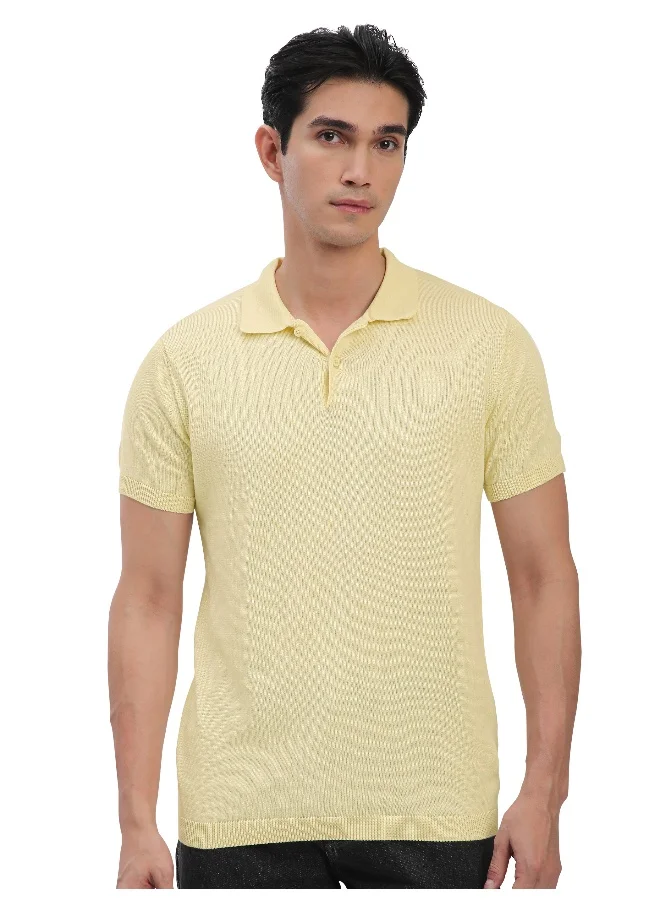 Beyoung Daffodil Yellow Ribbed Collar Flat Knit Polo T-Shirt For Men