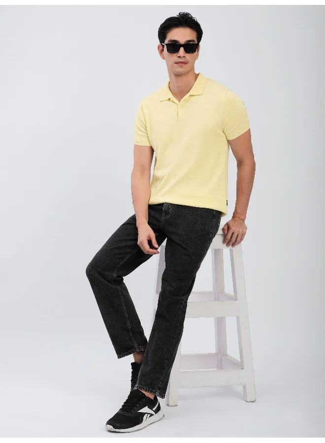 Beyoung Daffodil Yellow Ribbed Collar Flat Knit Polo T-Shirt For Men