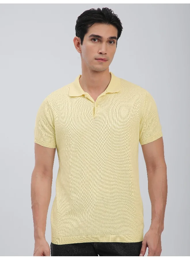 بيونغ Daffodil Yellow Ribbed Collar Flat Knit Polo T-Shirt For Men