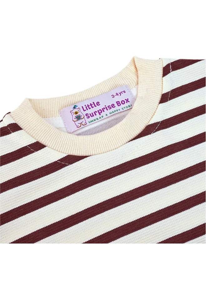 ليتل سربرايز بوكس 2 Pcs Set Brown Striped 3D Fluffy Dino Tummy Sweat Shirt And Pants Set For Toddler And Kids Winter And All Season Wear