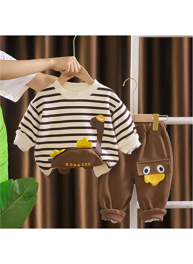 ليتل سربرايز بوكس 2 Pcs Set Brown Striped 3D Fluffy Dino Tummy Sweat Shirt And Pants Set For Toddler And Kids Winter And All Season Wear