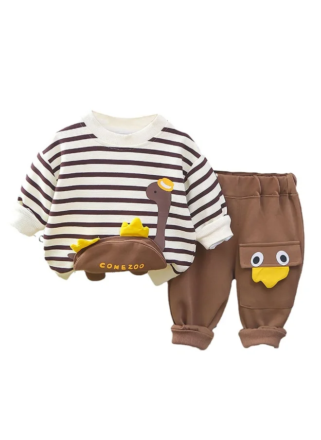 LITTLE SURPRISE BOX Box 2 Pcs Set Brown Striped 3D Fluffy Dino Tummy Sweat Shirt And Pants Set For Toddler And Kids Winter And All Season Wear-2-3Y