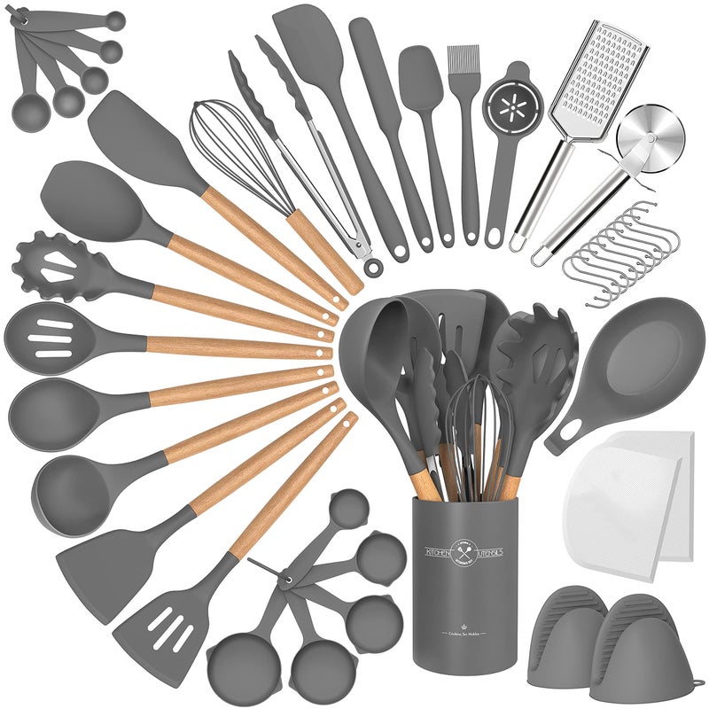 Silicone Cooking Utensils Set 43Pcs NonStick Heat Resistant Kitchen Utensils Spatula Set with Wooden Handle for Baking Cooking and Mixing Best Kitchen Gadgets Tools with Holder Grey