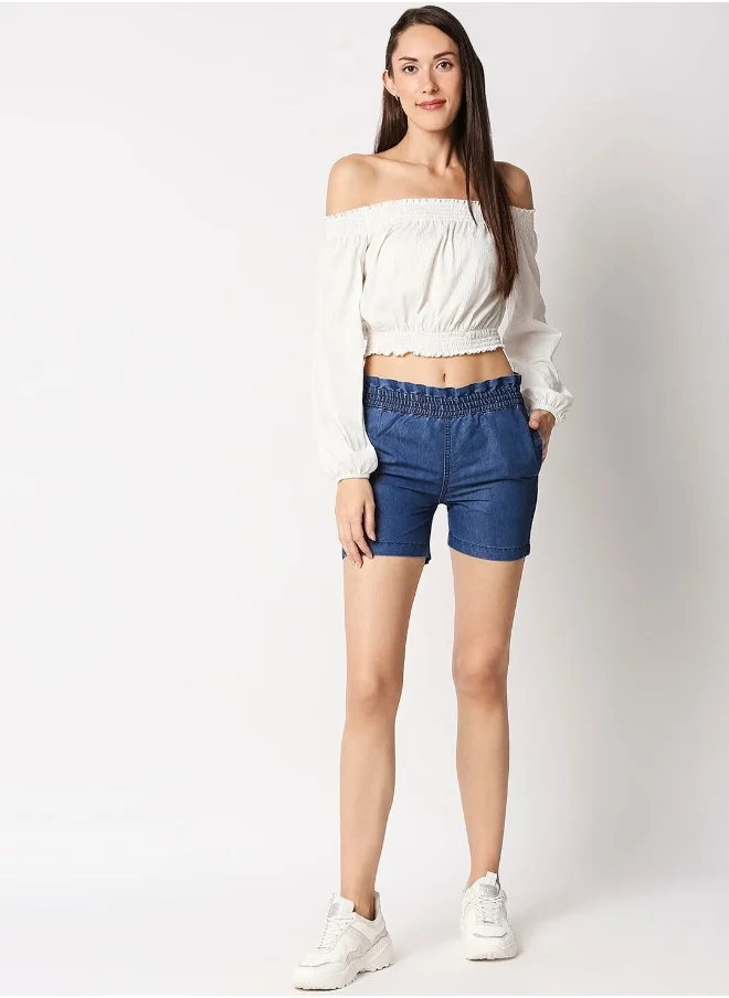 HIGH STAR Women Blue Washed Slim Fit Denim Shorts