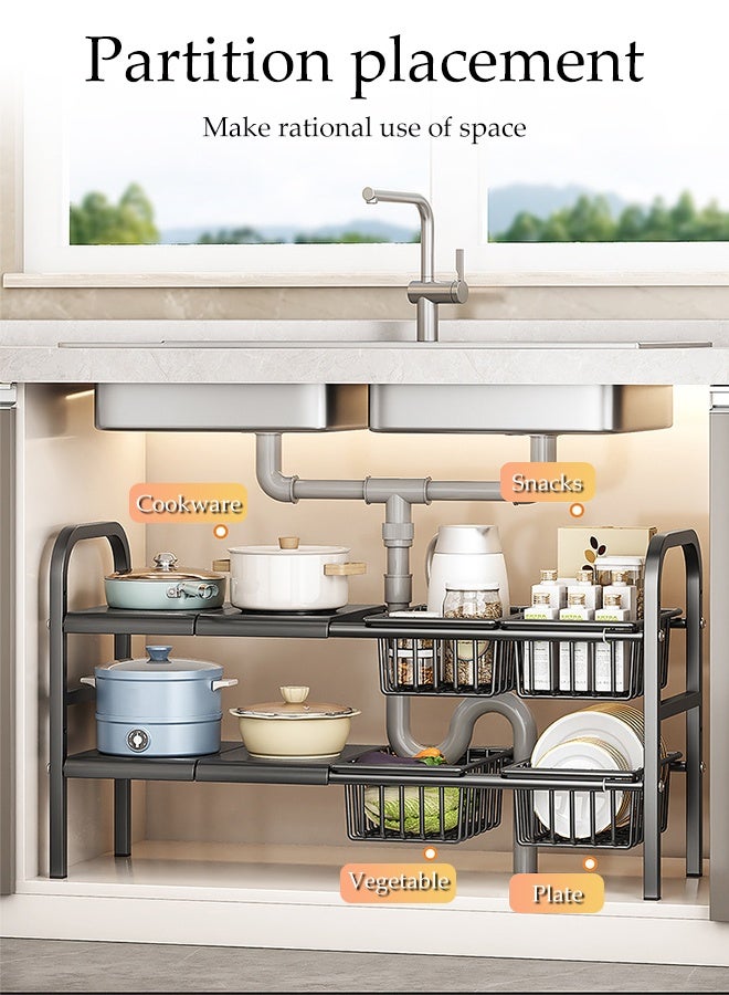 DUNISO 2 Tier Under Sink Cabinet Basket Extendable Multi-Functional Adjustable Carbon Steel Kitchen Storage Organisation with 4 Removable Panels and 4 Storage Basket Kitchen Cupboard Shelf for Kitchen Bathroom - Image 2