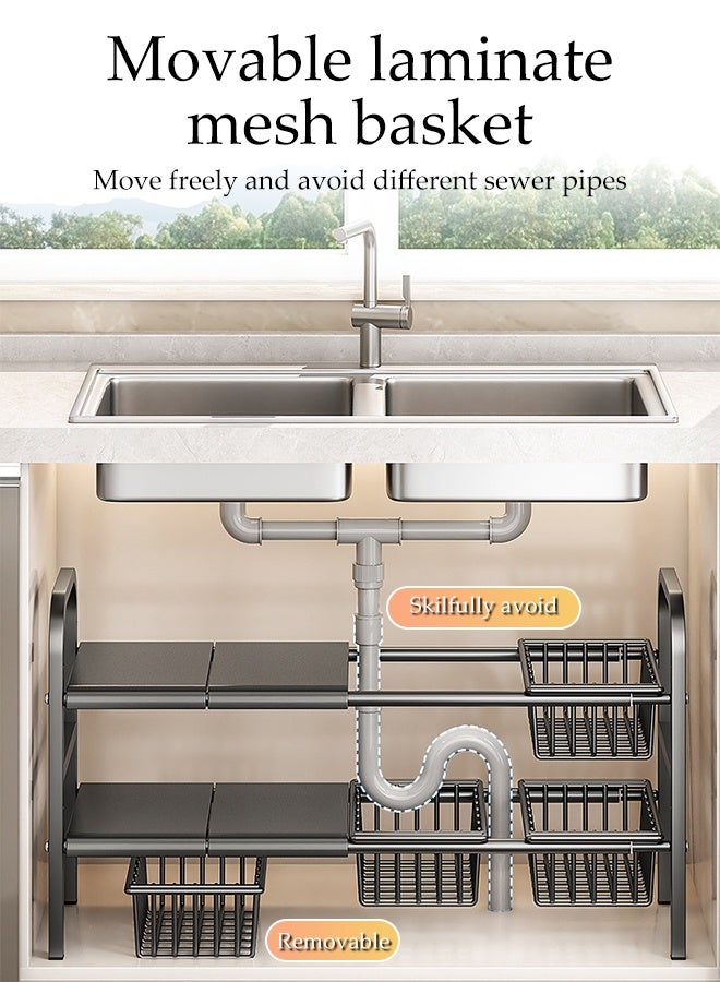 DUNISO 2 Tier Under Sink Cabinet Basket Extendable Multi-Functional Adjustable Carbon Steel Kitchen Storage Organisation with 4 Removable Panels and 4 Storage Basket Kitchen Cupboard Shelf for Kitchen Bathroom - Image 3