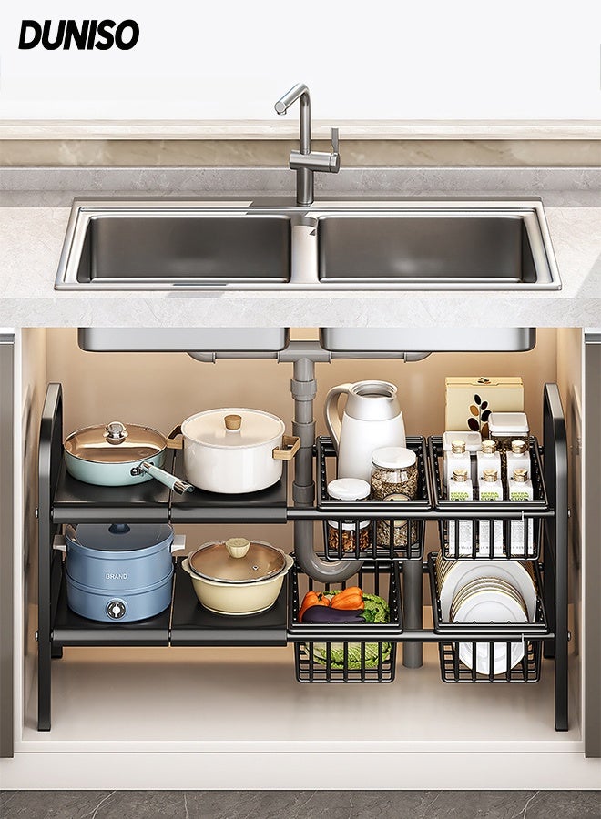 DUNISO 2 Tier Under Sink Cabinet Basket Extendable Multi-Functional Adjustable Carbon Steel Kitchen Storage Organisation with 4 Removable Panels and 4 Storage Basket Kitchen Cupboard Shelf for Kitchen Bathroom - Image 1
