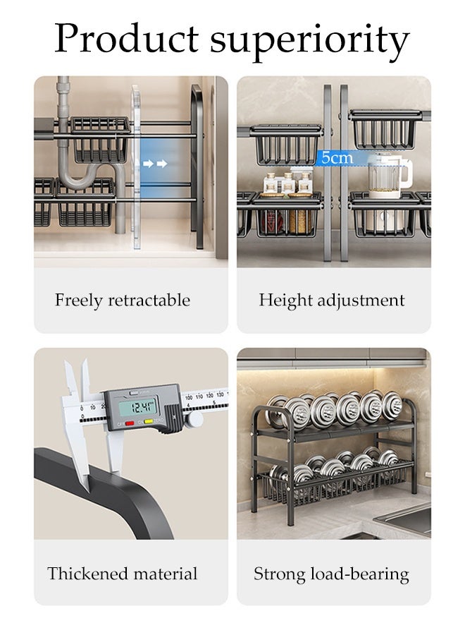 DUNISO 2 Tier Under Sink Cabinet Basket Extendable Multi-Functional Adjustable Carbon Steel Kitchen Storage Organisation with 4 Removable Panels and 4 Storage Basket Kitchen Cupboard Shelf for Kitchen Bathroom - Image 5