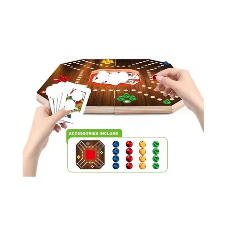 ZAMZIN Jackaroo Wooden Board Game for 4–6 Players – Double-Sided Jakaro Catapult Board with Playing Cards & Marbles, Classic Family & Party Table Game, Strategy Multi-Player Entertainment with Carry Bag, Black Board - Image 4