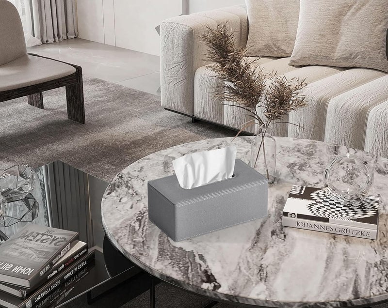 GOLRANLYE غطاء صندوق المناديل مستطيل 9.8 بوصة (طول) × 5.3 بوصة (عرض) × 4.3 بوصة (ارتفاع) حامل صندوق موزع المناديل الوجهية من الجلد PU الحديث والمكرر لزينة الخزانة والحمام (رمادي كتان) - Image 2