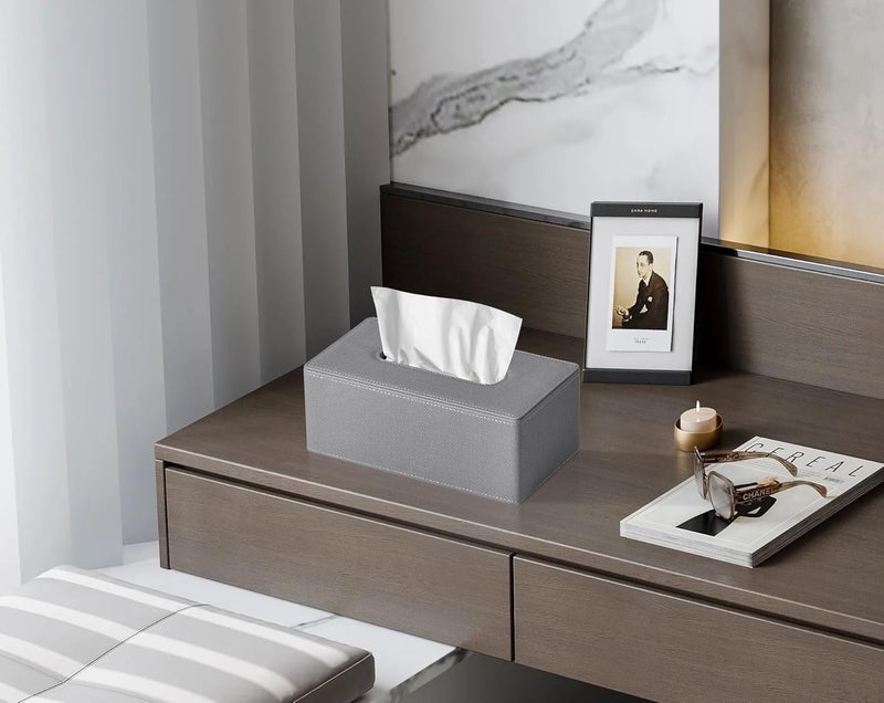 GOLRANLYE غطاء صندوق المناديل مستطيل 9.8 بوصة (طول) × 5.3 بوصة (عرض) × 4.3 بوصة (ارتفاع) حامل صندوق موزع المناديل الوجهية من الجلد PU الحديث والمكرر لزينة الخزانة والحمام (رمادي كتان) - Image 5