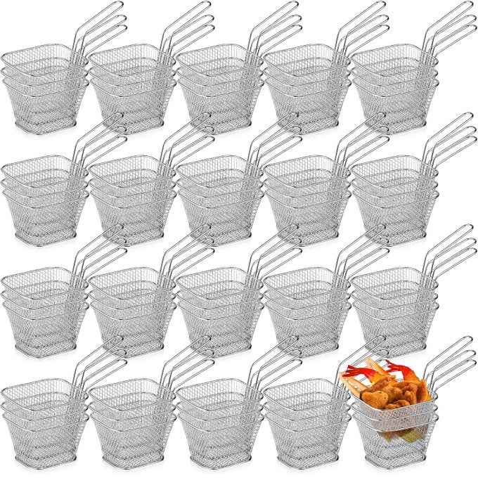 60 PCS MINI SQUARE FRY BASKET WITH HANDLE CHROME FRENCH FRIES HOLDER CHIP FOOD PRESENTATION BASKETS NET POTATO COOKING TOOL FOR TABLE SERVING OIL RESIDUE FILTRATION