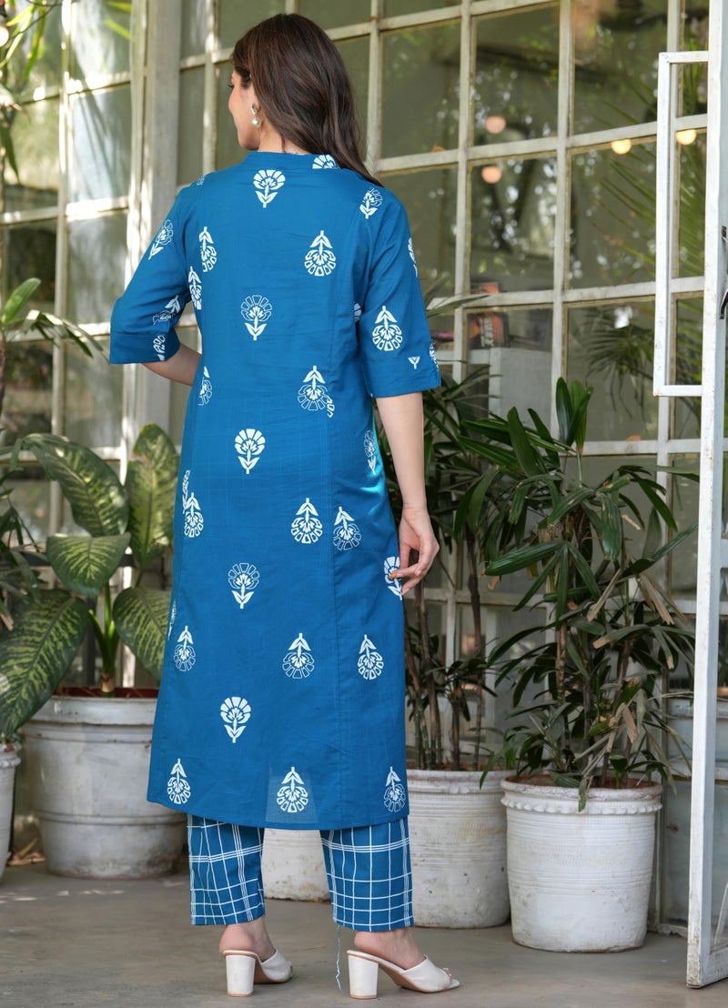 rytras Women's Pure Cotton Printed Ethnic Wear A-Line Kurta Set with Palazzo Pants(RYT651,Blue,S) - Image 2
