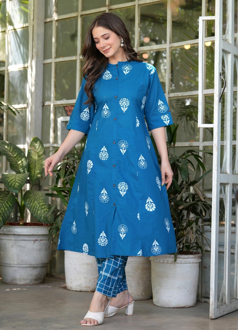 rytras Women's Pure Cotton Printed Ethnic Wear A-Line Kurta Set with Palazzo Pants(RYT651,Blue,S) - Image 5