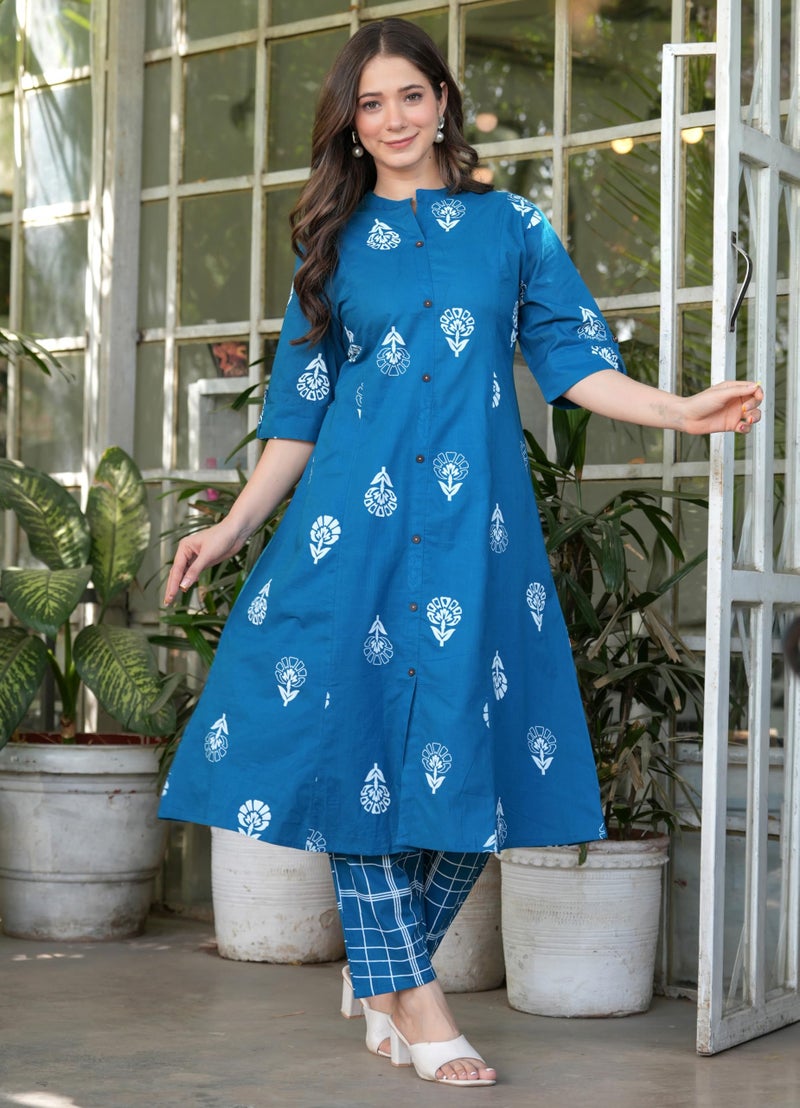 rytras Women's Pure Cotton Printed Ethnic Wear A-Line Kurta Set with Palazzo Pants(RYT651,Blue,S) - Image 4