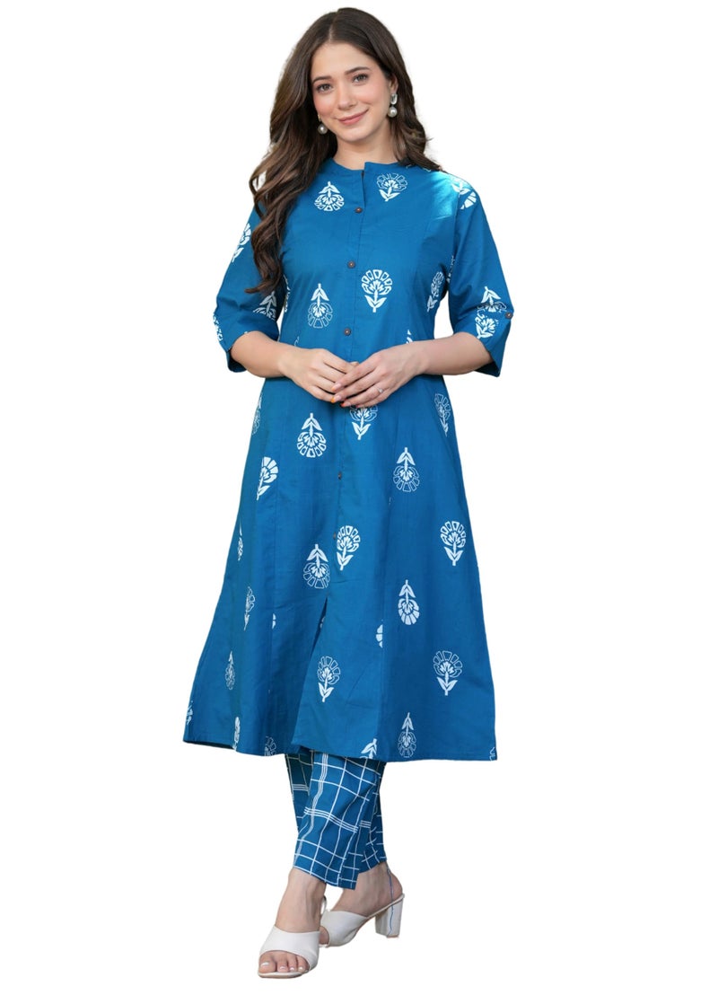 rytras Women's Pure Cotton Printed Ethnic Wear A-Line Kurta Set with Palazzo Pants(RYT651,Blue,S) - Image 1