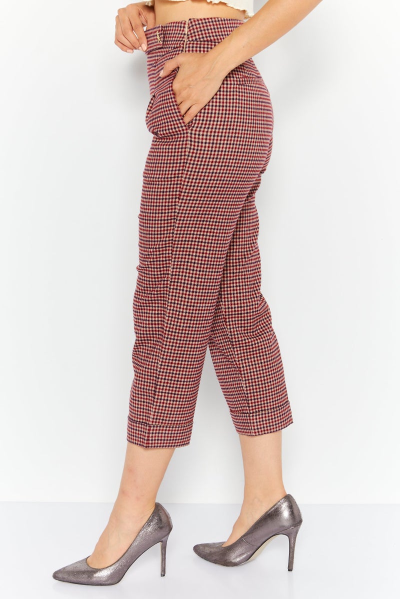 ONLY بنطال نسائي بقصة عادية مزخرف بمربعات، مجموعة حمراء - Image 3