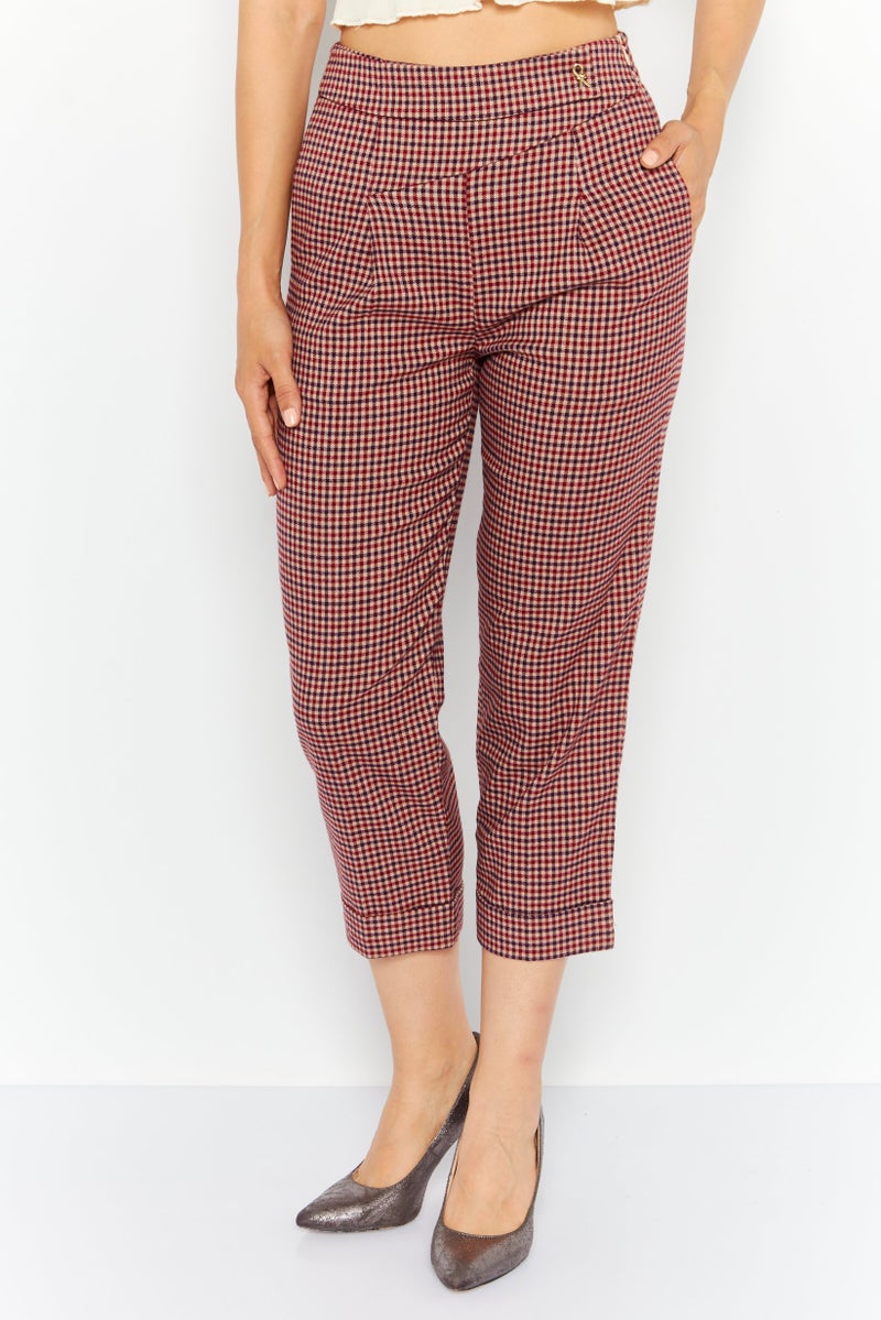ONLY بنطال نسائي بقصة عادية مزخرف بمربعات، مجموعة حمراء - Image 1