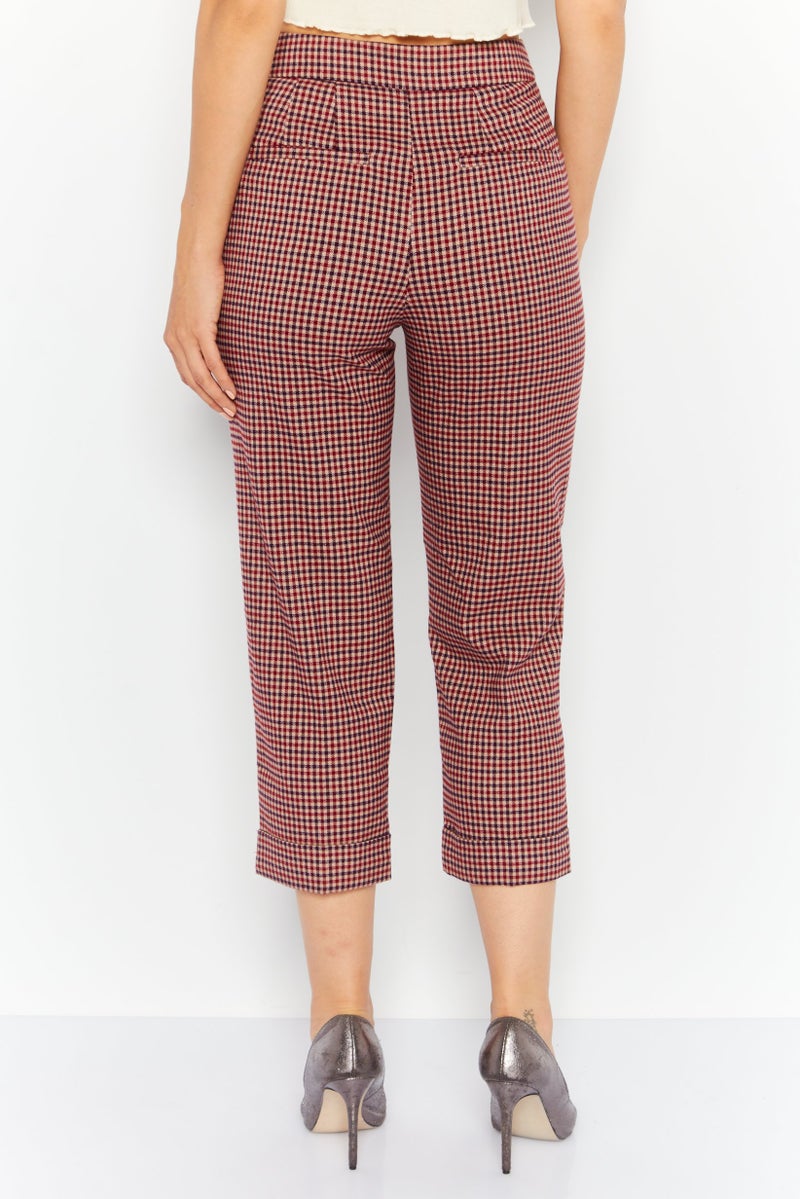 ONLY بنطال نسائي بقصة عادية مزخرف بمربعات، مجموعة حمراء - Image 4