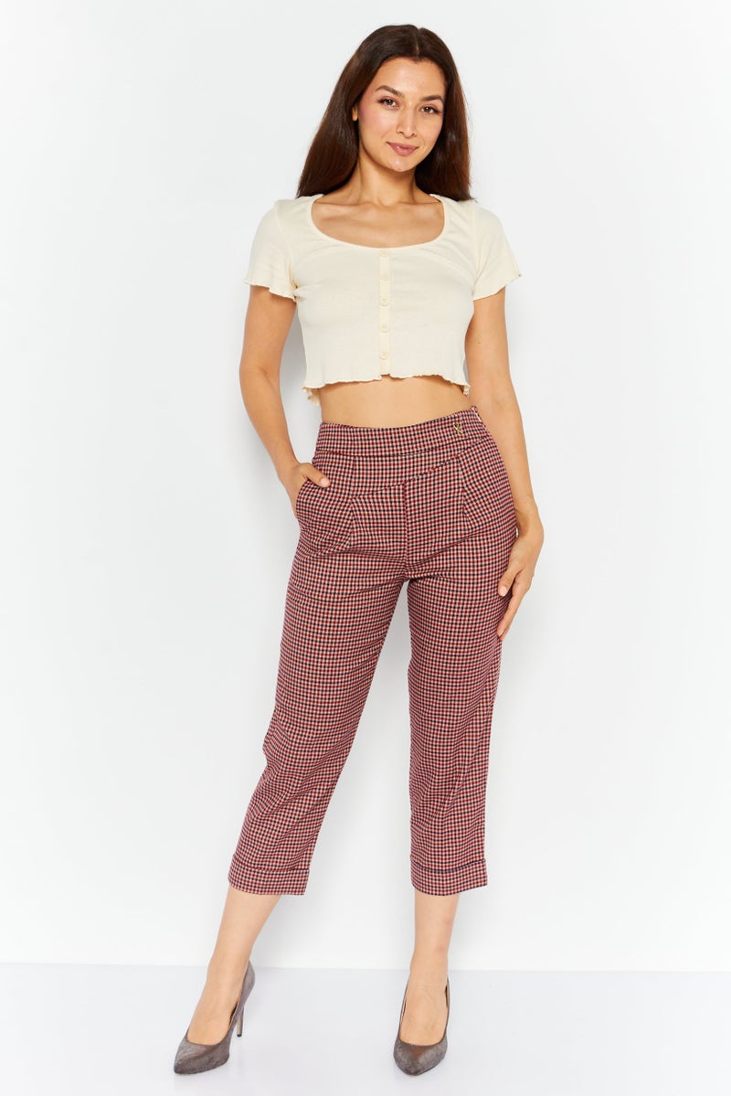 ONLY بنطال نسائي بقصة عادية مزخرف بمربعات، مجموعة حمراء - Image 2