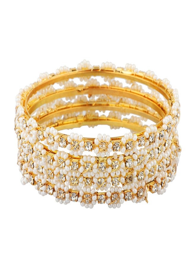 Efulgenz Indian Bangles for Women Pearl Bracelet Bangles Set Bollywood Jewelry Traditional Faux Pearl Crystal Wedding Bracelet Bangle Set (4 Pcs) Size 2.8 - Image 1
