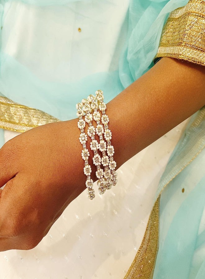 Efulgenz Indian Bangles for Women Pearl Bracelet Bangles Set Bollywood Jewelry Traditional Faux Pearl Crystal Wedding Bracelet Bangle Set (4 Pcs) Size 2.8 - Image 4
