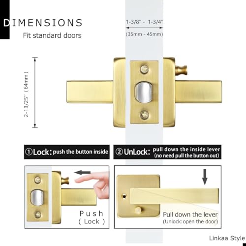 Linkaa Privacy Door Lever Gold Satin Brass Square Door Handle Levers with Lock, Keyless Lock, Privacy Function Exterior/Interior Handles (1 Pack, Privacy (Keyless Lock)) - Image 5