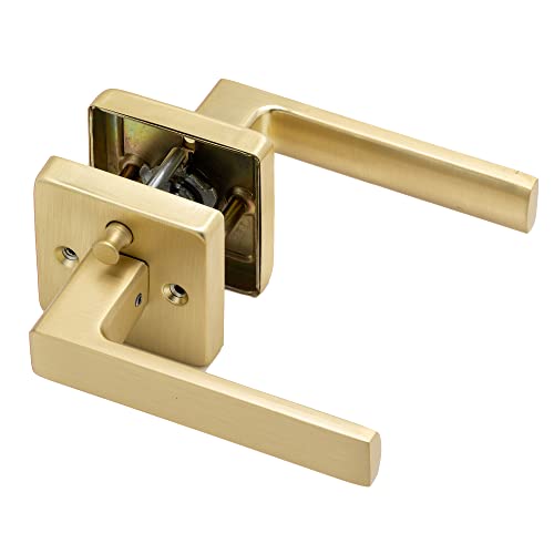 Linkaa Privacy Door Lever Gold Satin Brass Square Door Handle Levers with Lock, Keyless Lock, Privacy Function Exterior/Interior Handles (1 Pack, Privacy (Keyless Lock)) - Image 1