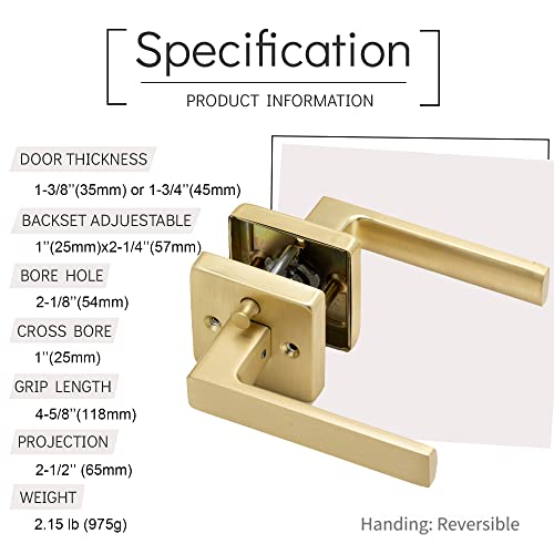 Linkaa Privacy Door Lever Gold Satin Brass Square Door Handle Levers with Lock, Keyless Lock, Privacy Function Exterior/Interior Handles (1 Pack, Privacy (Keyless Lock)) - Image 4