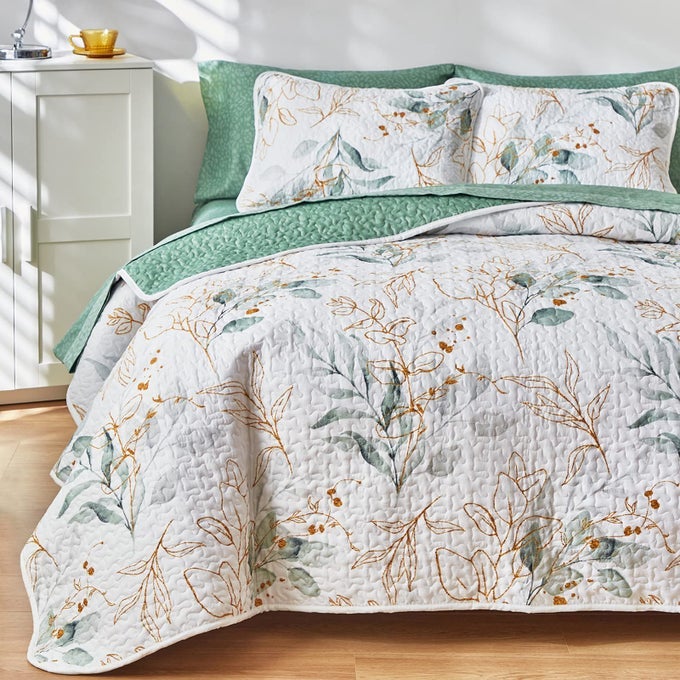 3 PIECES MICROFIBER QUILT SET BOTANICAL GREEN LEAVES ON WHITE REVERSIBLE DESIGN BEDSPREAD BED COVER FOR ALL SEASON 1 QUILT AND 2 PILLOW SHAMS KING 102X90 INCHES