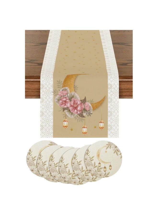 SISGL عيد مبارك، رمضان مبارك مفرش طاولة بوليستر مع 6 قطع من مفارش الطاولة، تصميم فوانيس القمر الذهبية، علم طاولة مستطيل منسوج، زينة رمضان، حفلة إسلامية، مثالي لرمضان كريم - Image 1