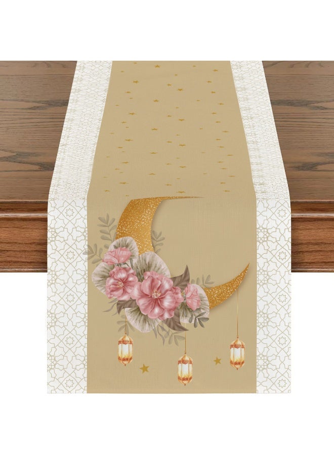 SISGL عيد مبارك، رمضان مبارك مفرش طاولة بوليستر مع 6 قطع من مفارش الطاولة، تصميم فوانيس القمر الذهبية، علم طاولة مستطيل منسوج، زينة رمضان، حفلة إسلامية، مثالي لرمضان كريم - Image 2