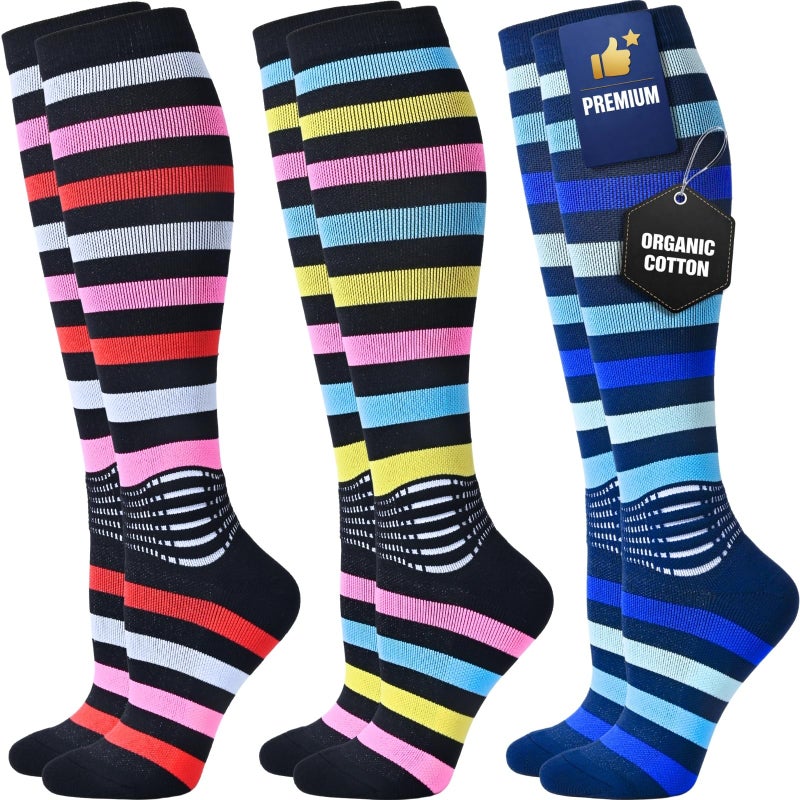 IRAMY Cotton Compression Socks Women Ankle Support Gradient Compression Wicking Moisture Knee High Socks 3 Packs - Image 1