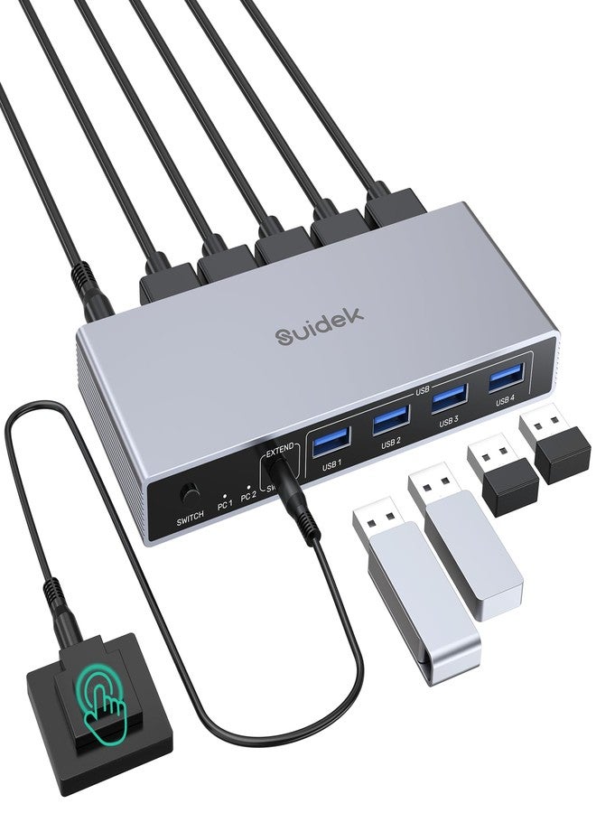SUIDEK HDMI KVM Switch 1 Monitor 2 Computers, 4K@60Hz USB 3.0 KVM Switcher with 4 USB Ports for 2 Computers Share Keyboard Mouse Printer, Include Desktop Controller, 2 USB Cables and Power Adapter - Image 1