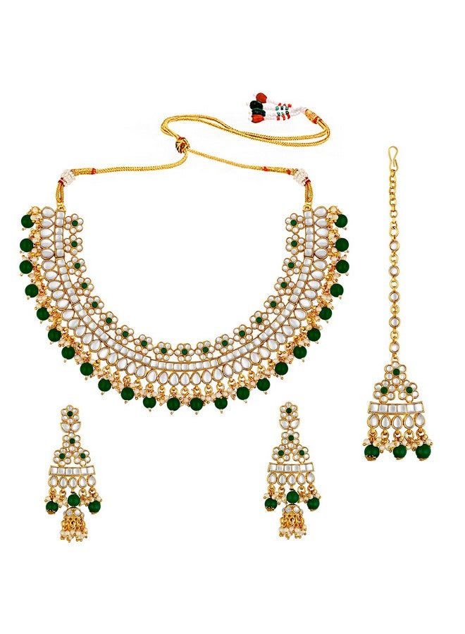 Peora Gold Plated Bridal Kundan Green Faux Pearl Choker Necklace with Earrings Maang Tikka for Women Indian Traditional Jewellery set - Image 1