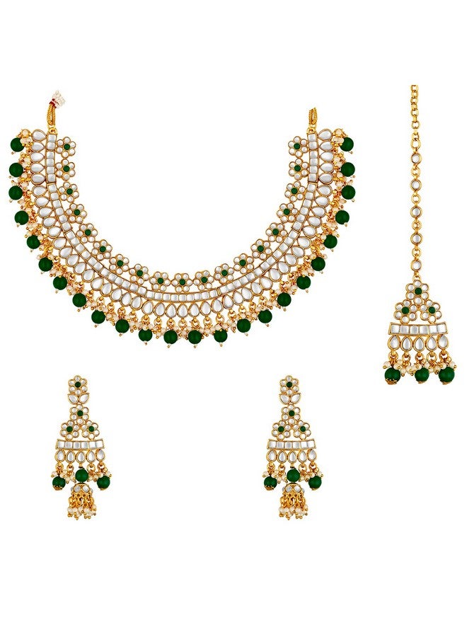 Peora Gold Plated Bridal Kundan Green Faux Pearl Choker Necklace with Earrings Maang Tikka for Women Indian Traditional Jewellery set - Image 4