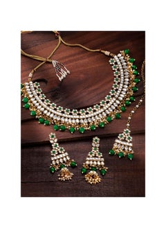 PEORA Peora Gold Plated Bridal Kundan Green Faux Pearl Choker Necklace with Earrings Maang Tikka for Women Indian Traditional Jewellery set  - Image 2