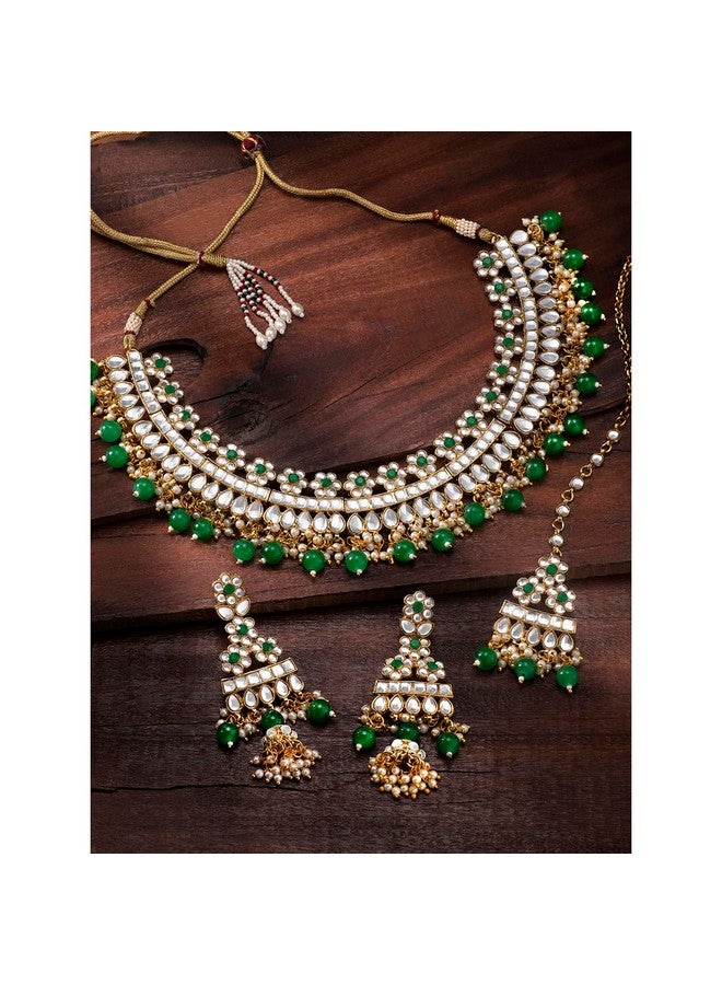 Peora Gold Plated Bridal Kundan Green Faux Pearl Choker Necklace with Earrings Maang Tikka for Women Indian Traditional Jewellery set - Image 2
