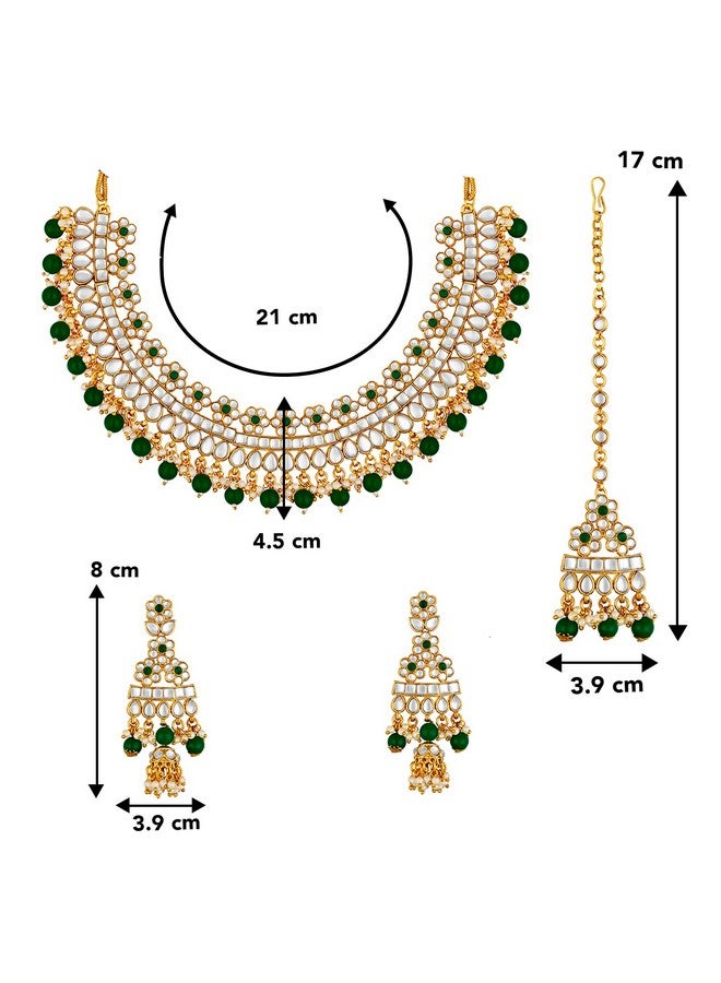 Peora Gold Plated Bridal Kundan Green Faux Pearl Choker Necklace with Earrings Maang Tikka for Women Indian Traditional Jewellery set - Image 5