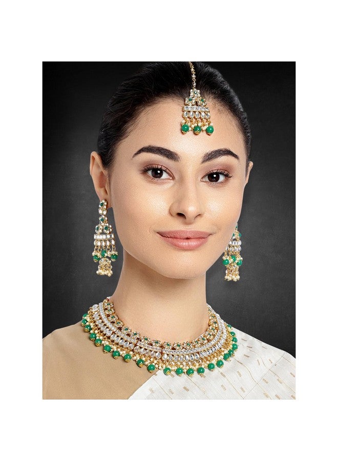 Peora Gold Plated Bridal Kundan Green Faux Pearl Choker Necklace with Earrings Maang Tikka for Women Indian Traditional Jewellery set - Image 3