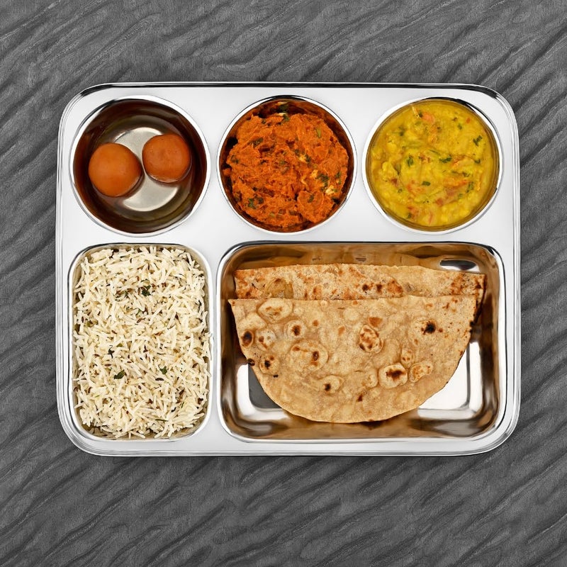 Vinod Stainless Steel Mess Tray with 5 CompartmentRectangle Steel ThaliLunch Dinner PlateBhojan Thali 2Pcs - Image 1