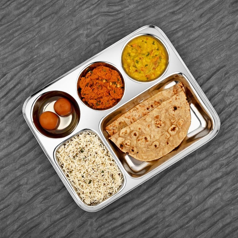 Vinod Stainless Steel Mess Tray with 5 CompartmentRectangle Steel ThaliLunch Dinner PlateBhojan Thali 2Pcs - Image 2