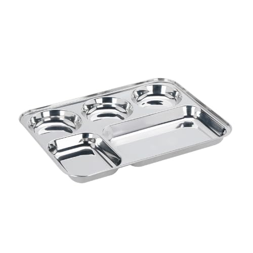 Vinod Stainless Steel Mess Tray with 5 CompartmentRectangle Steel ThaliLunch Dinner PlateBhojan Thali 2Pcs - Image 4