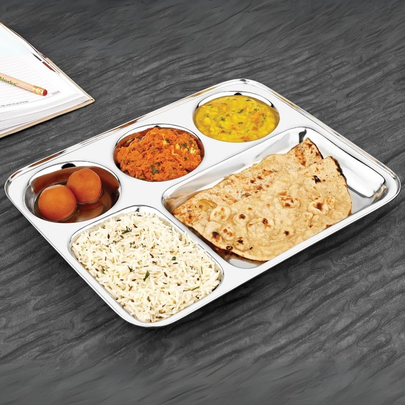 Vinod Stainless Steel Mess Tray with 5 CompartmentRectangle Steel ThaliLunch Dinner PlateBhojan Thali 2Pcs - Image 3