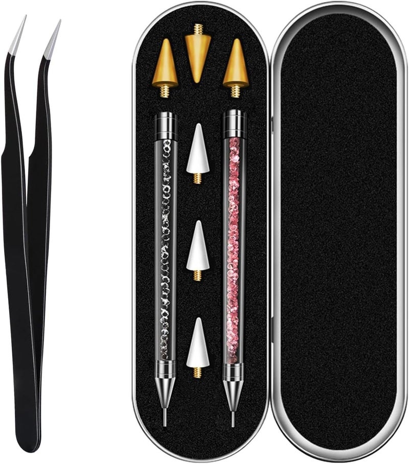 KASTWAVE 2 Pack Rhinestone Picker Tool Set, Rhinestone Applicator Tool,Dual-ended Rhinestones Applicator Nail Art Design Tool, 2 Pack Handle Nail Pen with 4 Extra Wax Tips and1 Tweezer - Image 1