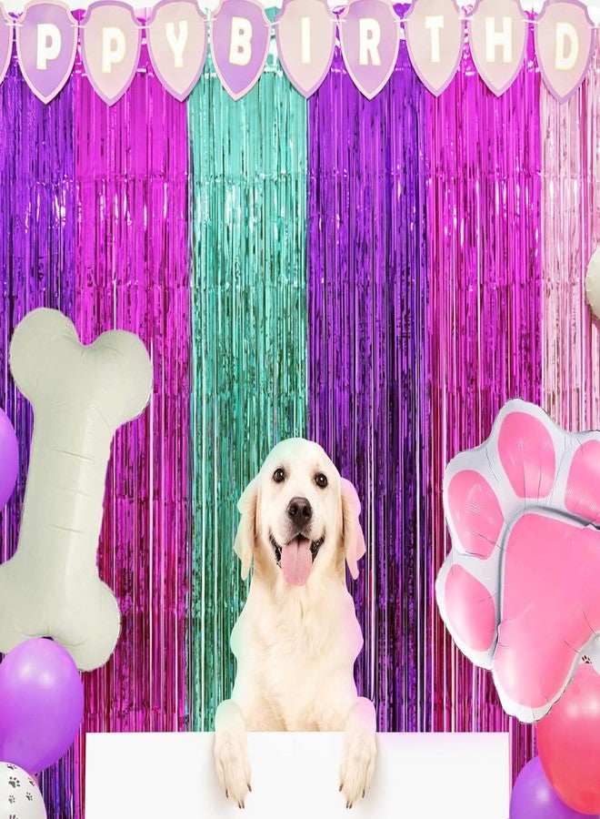 زينة عيد ميلاد للبنات بتصميم "بينك باو" (Puppy Patrol)، عبوة من قطعتين، دعامة كشك تصوير لحفلات "بينكي باو"، ستائر شراشيب باللون البنفسجي والوردي والأزرق المخضر، خلفية شرائط صور لحفلات عيد ميلاد البنات بتصميم "باو" (Puppy Patrol). - Image 4