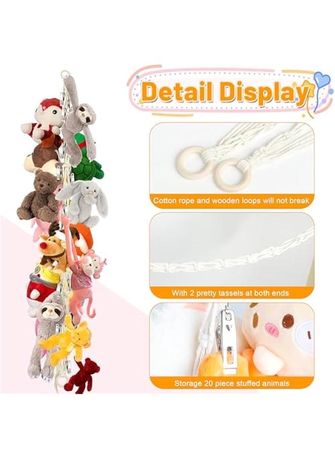 Gonice Stuffed Animal Storage Hammock Corner - Hanging Stuffed Animal Holder with 20 PCS Metal Clips, Boho Stuffed Animal Organizer Chain for Hanging Hats Socks Holiday Cards (1pc Beige)  - Image 3