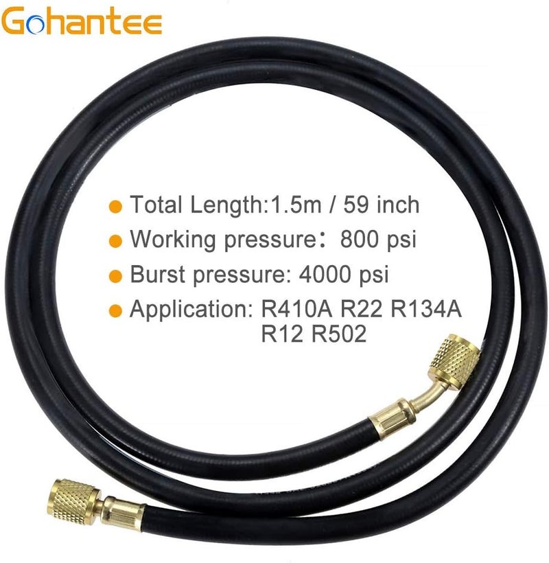 gohantee خرطوم شحن مبرد R410A AC من ، خرطوم شحن HVAC بطول 59 بوصة مع خيط أنثى SAE 1/4 بوصة، ضغط عمل 800 PSI، مناسب لـ R410A R22 R134A R12 R502 لشحن مكيفات الهواء والتبريد HVAC - Image 2