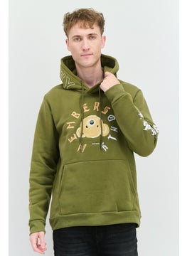 Men Hooded Embroidered Long Sleeves Sweatshirt, Olive